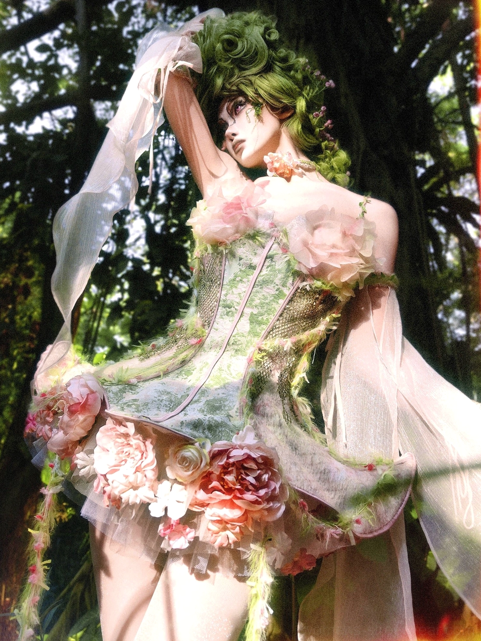Champagne pink floral tulle petticoat styled with a forest fairy corset look in a dark tropical jungle setting