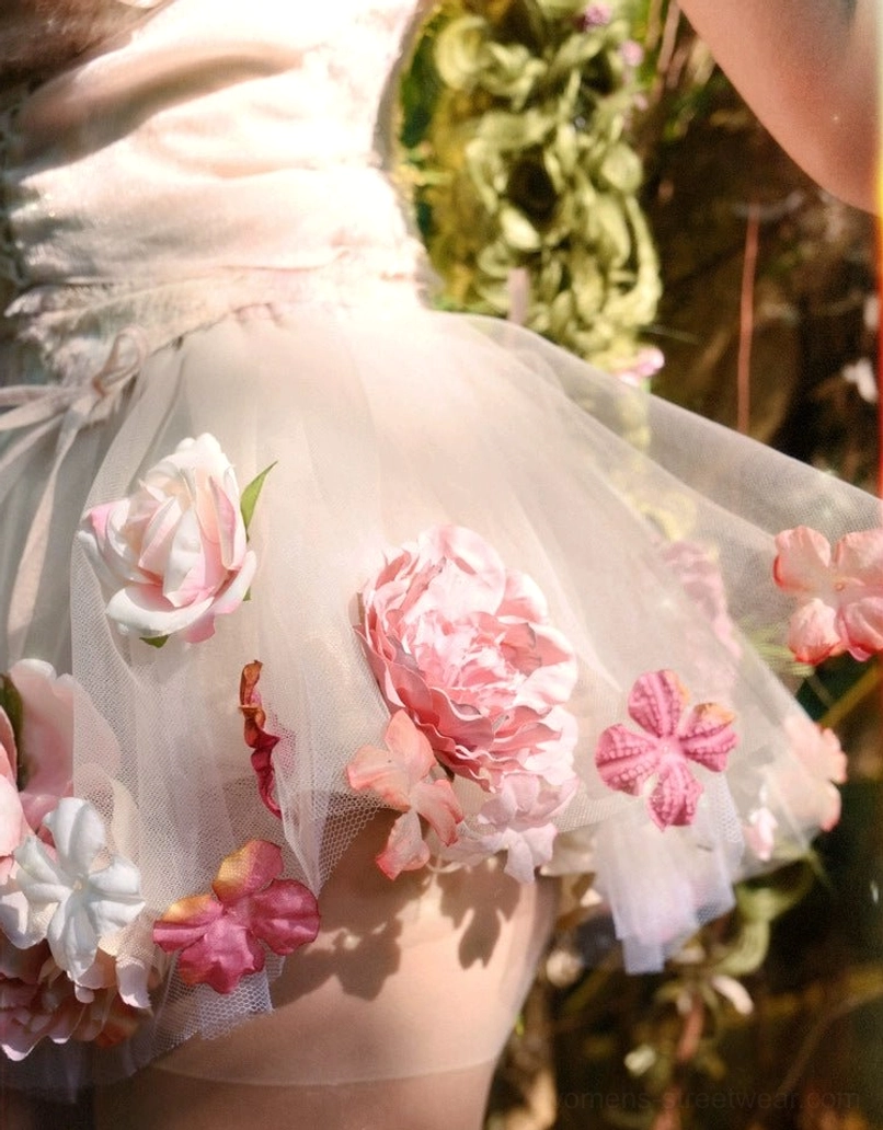 Layered champagne pink floral tulle petticoat with hand-finished flower appliques detailed product view
