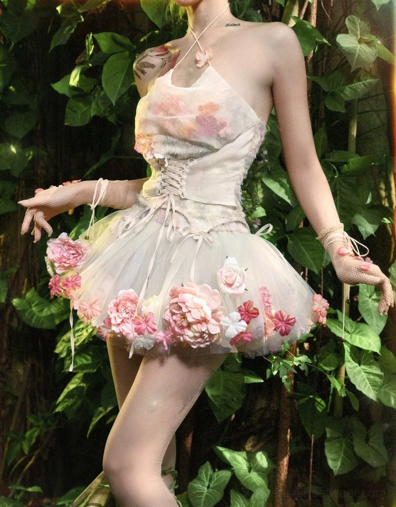Short champagne pink floral tulle petticoat with voluminous crinkled tulle layers and rose applique details