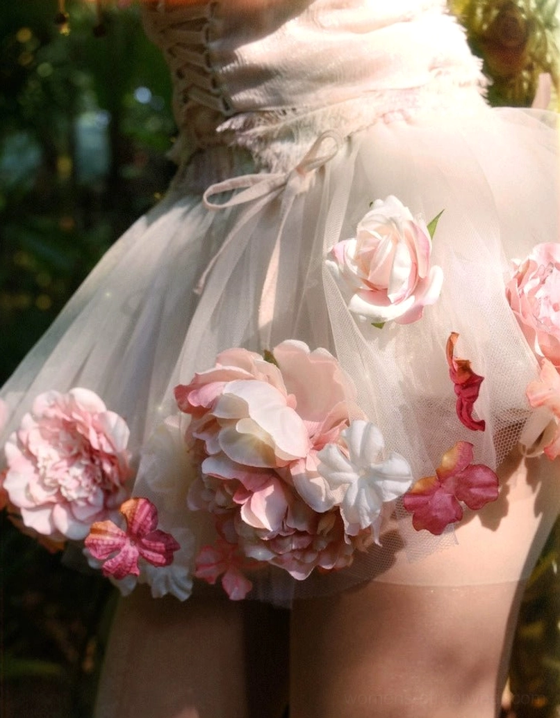 Champagne pink fairycore floral tulle petticoat with dimensional pink peach and champagne flower decorations