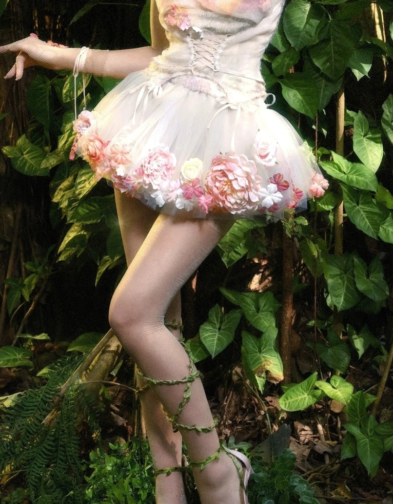 Side view of short champagne pink floral tulle petticoat with voluminous crinkled layers and rose applique hem
