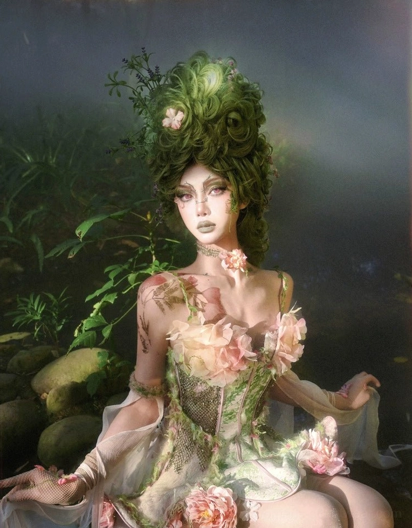 Voluminous champagne pink floral tulle petticoat paired with a green corset for a woodland fairy and balletcore outfit