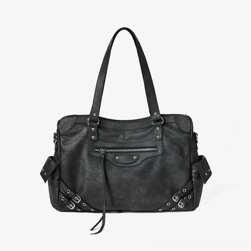 Charcoal buckle rider tote bag black color option with structured faux leather body and decorative silver hardware