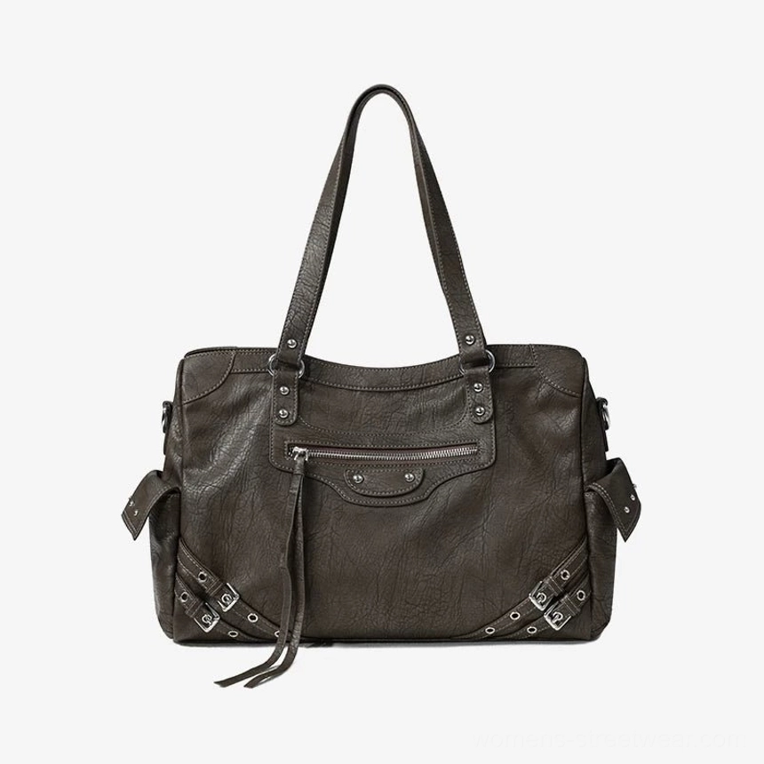Charcoal buckle rider tote bag khaki color option with structured tote silhouette and adjustable shoulder strap