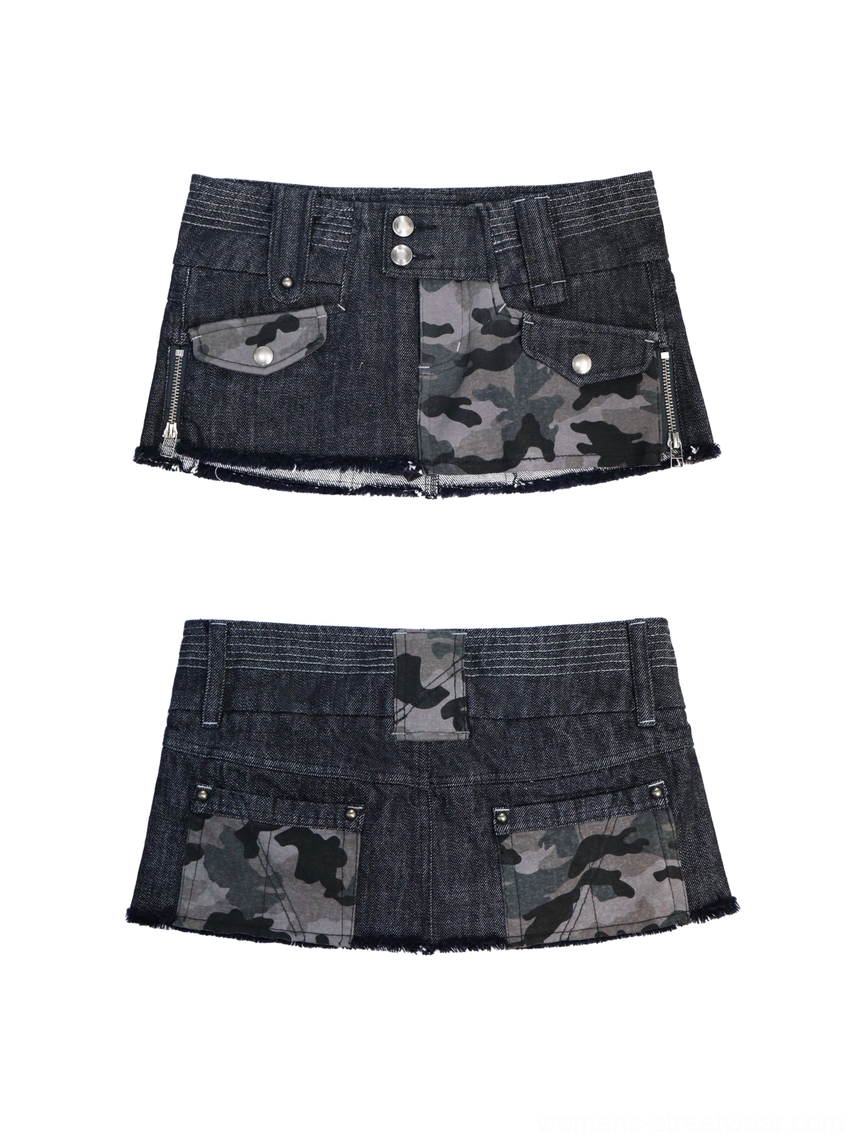 Front flat lay of charcoal camo utility micro skirt showing dark denim waistband, dual-button fastening, zippered flap pockets, and raw frayed hem