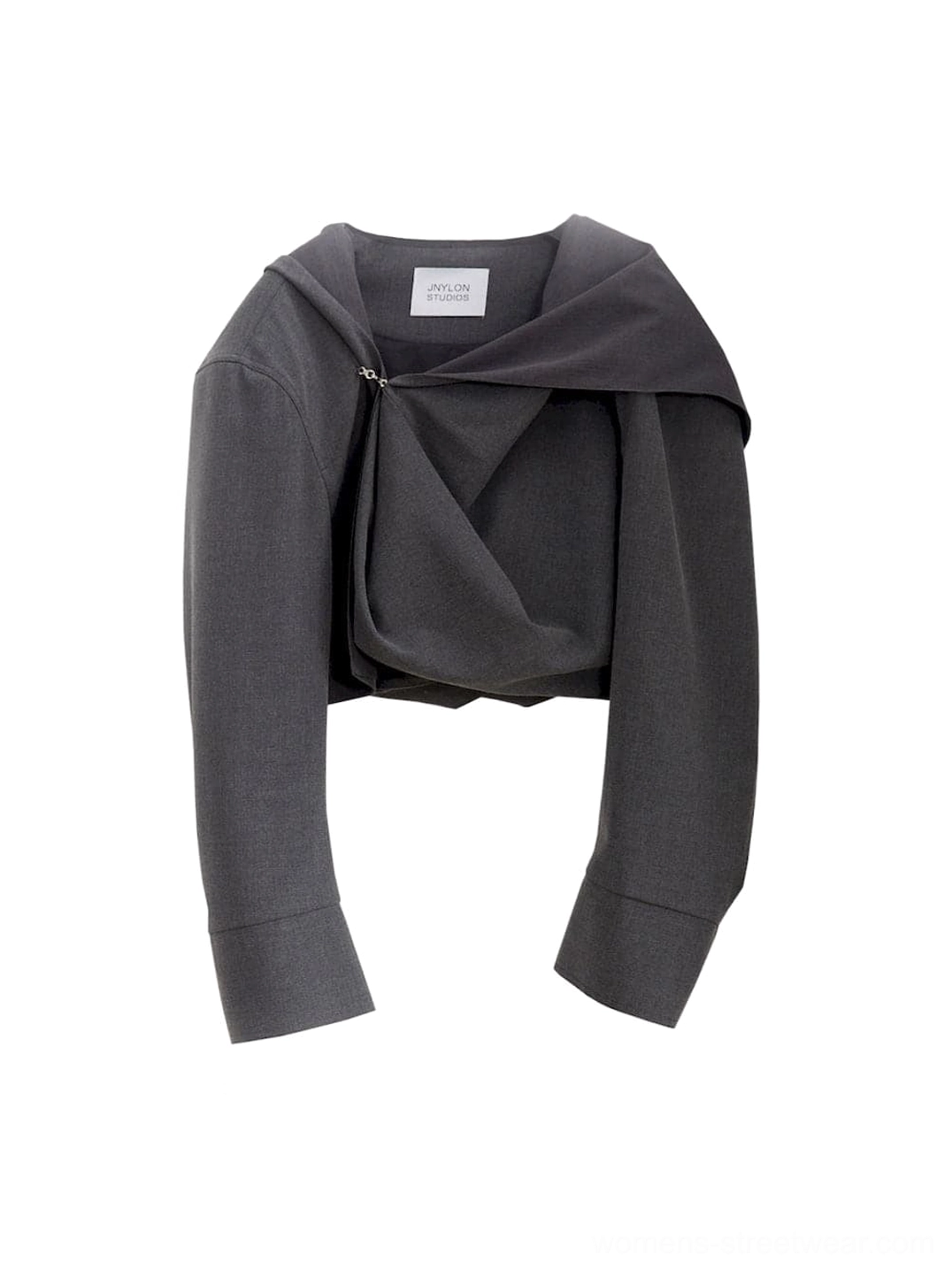 Charcoal cropped oversized hoodie product styling with roomy hood, long sleeves, exposed waist, and modern streetwear silhouette
