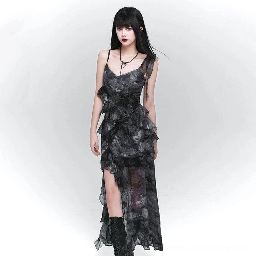 Charcoal dark glamour asymmetrical floral maxi dress with sheer ruffles, high side slit, adjustable straps, and gothic streetwear silhouette