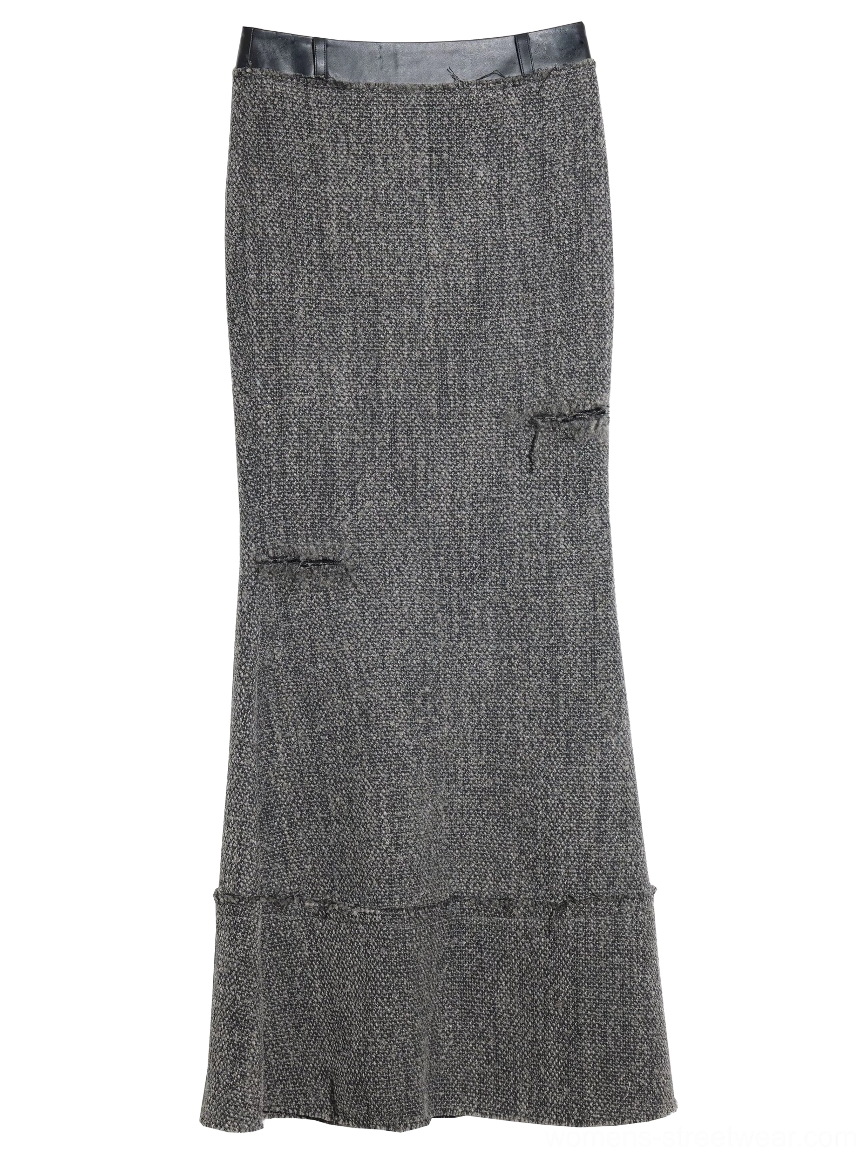 Charcoal distressed tweed mermaid maxi skirt flat lay showing faux leather waistband, raw frayed hem, and fishtail cut