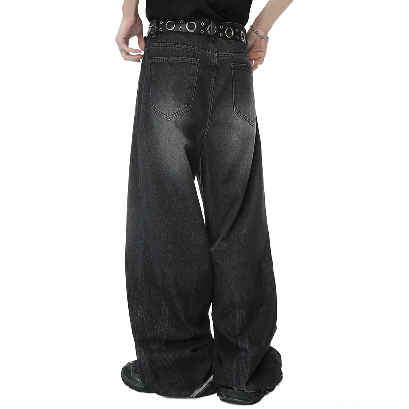 Rear view of charcoal fade wide-leg jeans showing classic back pockets, relaxed baggy silhouette, and washed black denim finish