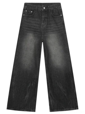 Charcoal fade wide-leg jeans flat lay front view with washed black denim, classic five-pocket design, and raw frayed hems