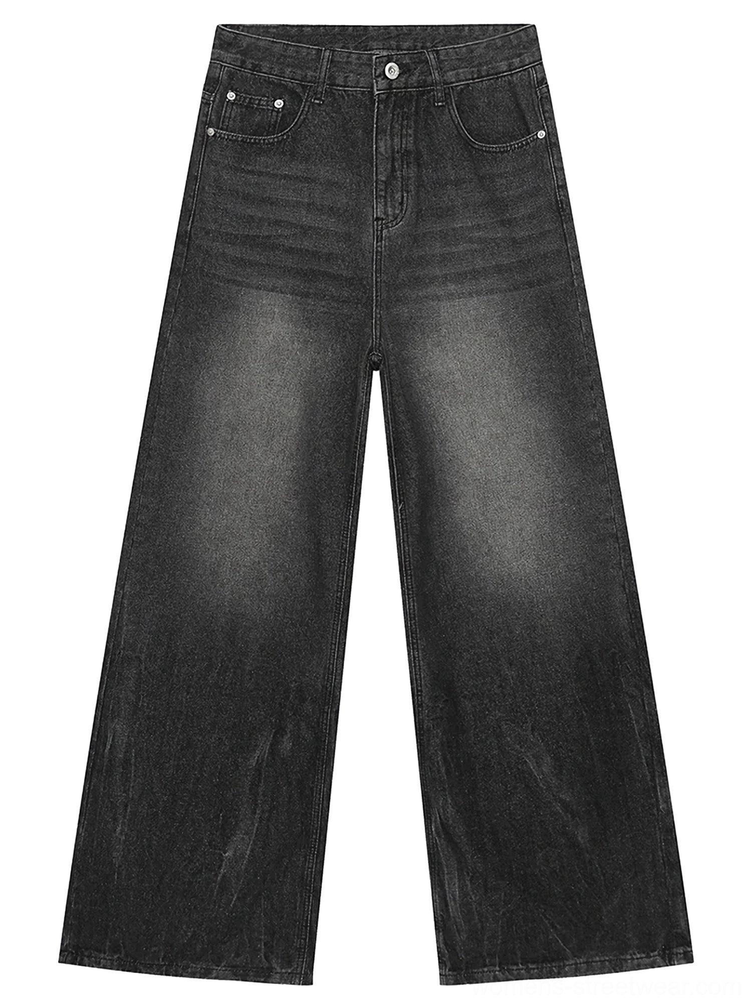 Charcoal fade wide-leg jeans flat lay front view with washed black denim, classic five-pocket design, and raw frayed hems