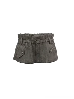 Front flat lay of charcoal gray-brown utility micro skirt featuring elastic ruched waistband central button closure flap pockets decorative buttons and raw frayed hem