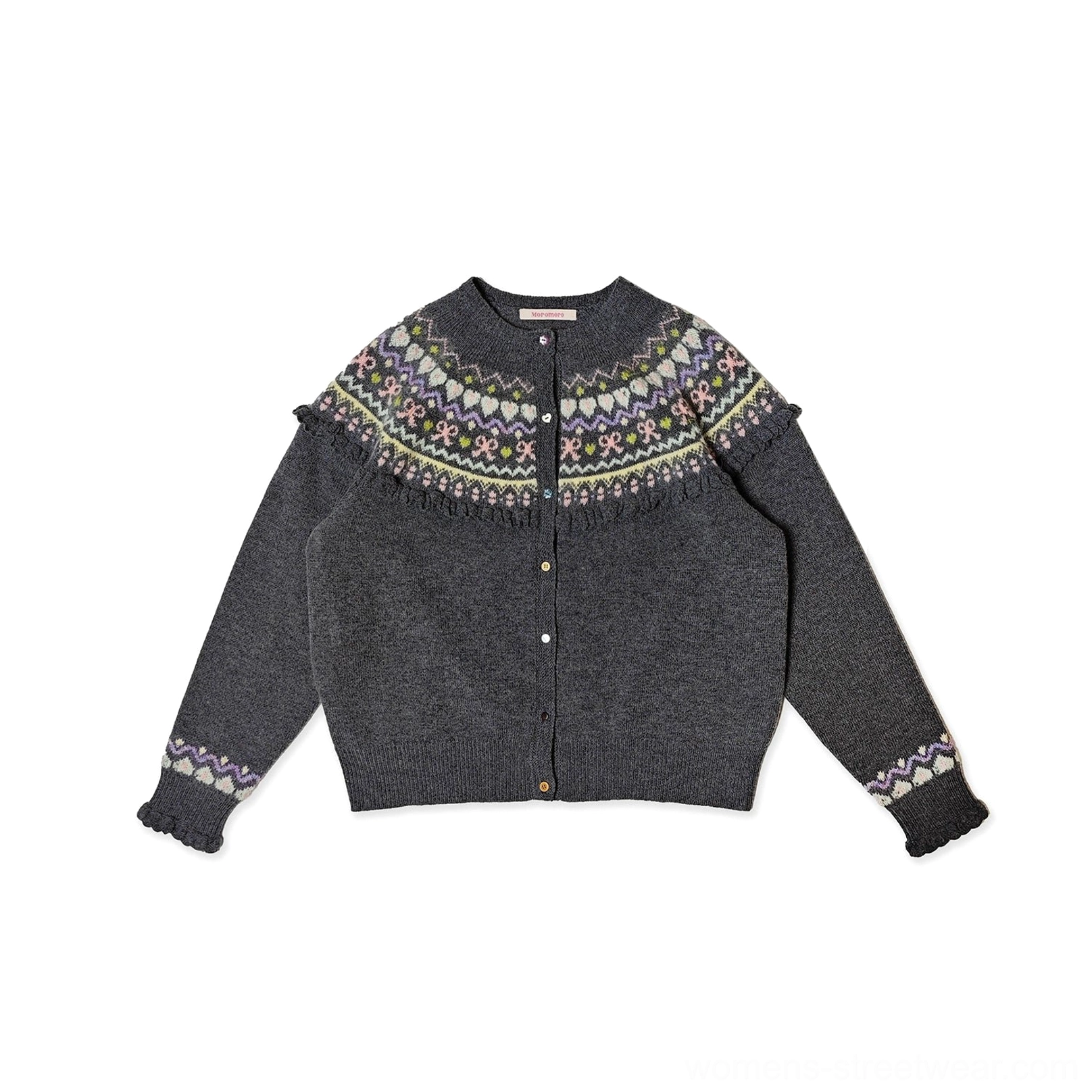Charcoal gray cropped Fair Isle fringe cardigan with vintage patterned yoke, fringe trim, and ruffled cuffs