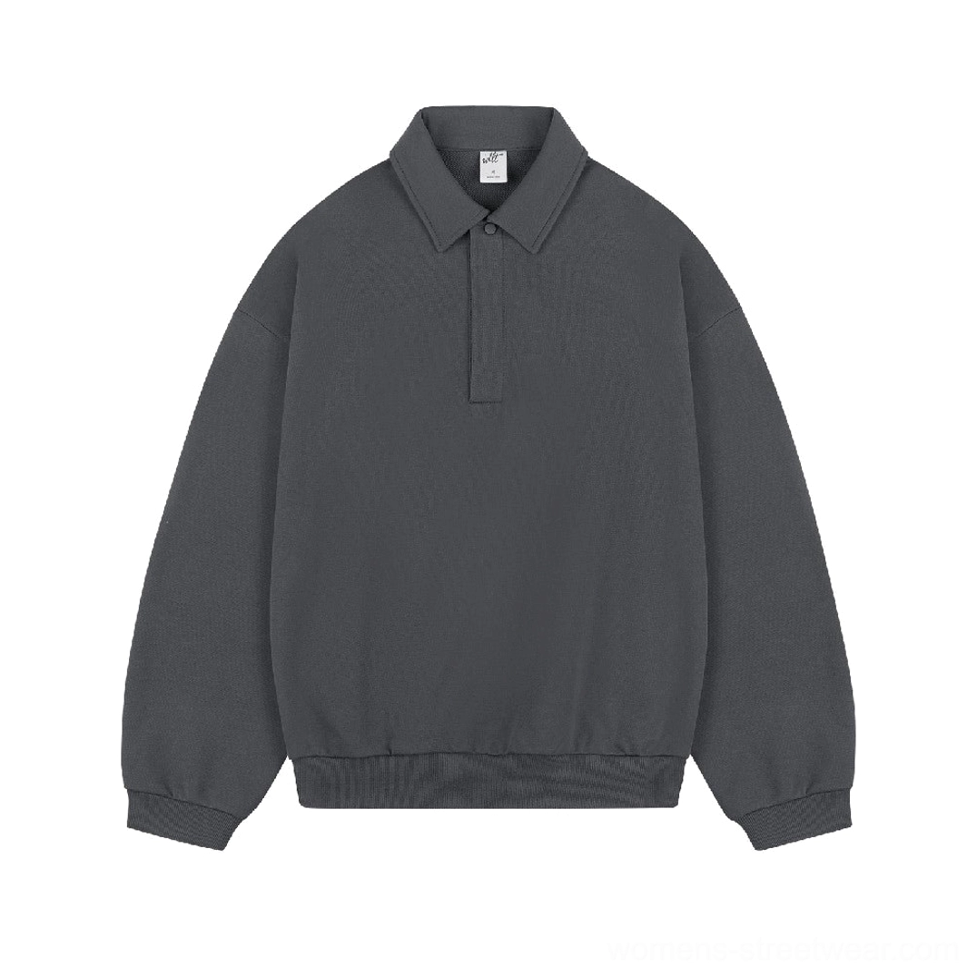 Charcoal gray oversized long sleeve polo sweater with ribbed collar, button placket, ribbed hem, and relaxed streetwear styling