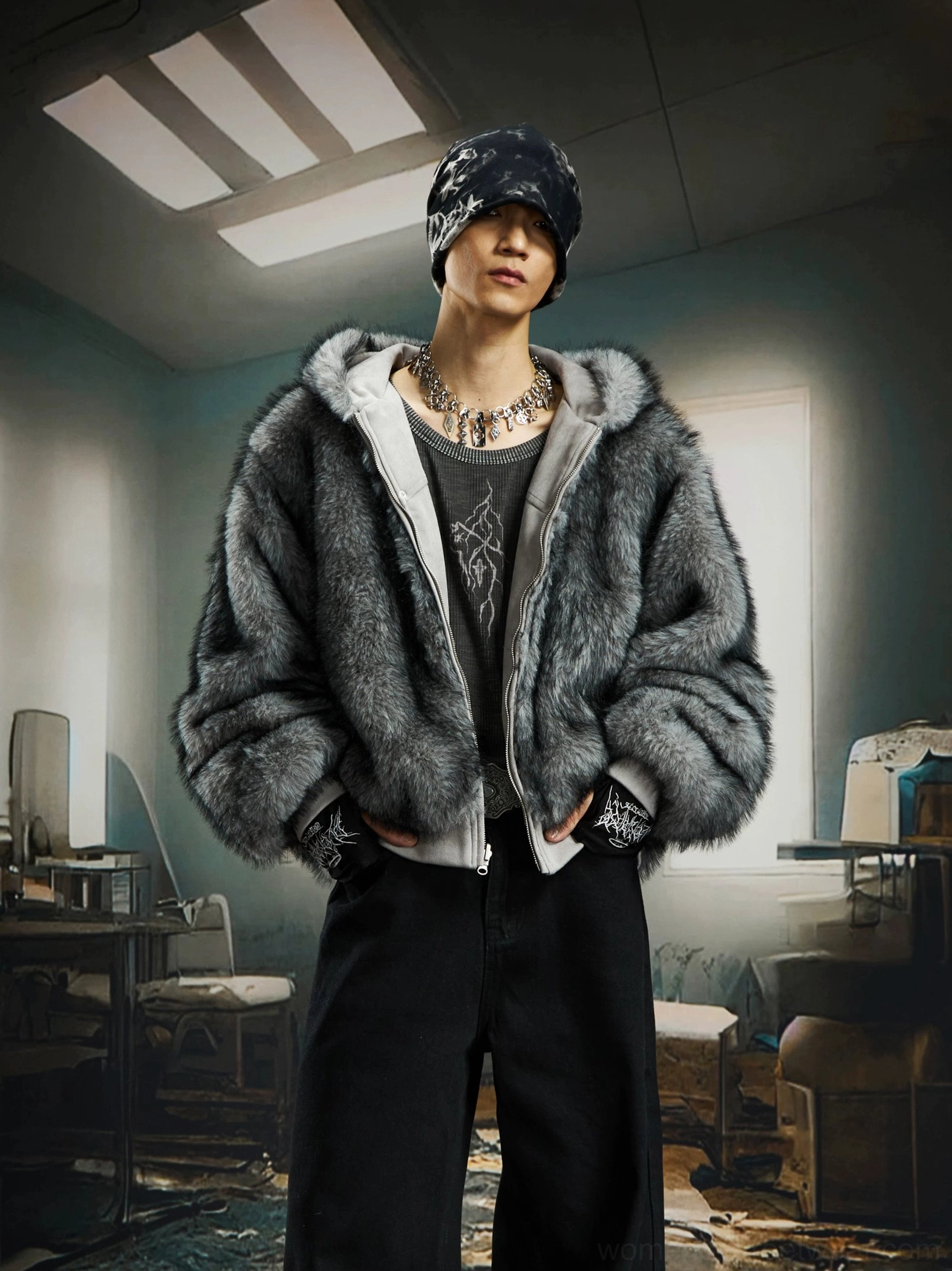 Male model styling the charcoal gray faux fur side of a reversible hooded bomber jacket with graphic tee