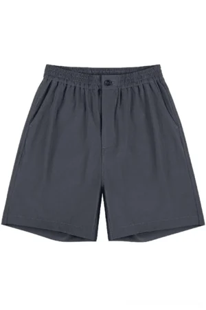 Charcoal gray unisex cotton tech shorts with elastic waist button fly straight leg silhouette and neat rolled hem for outdoor casual streetwear