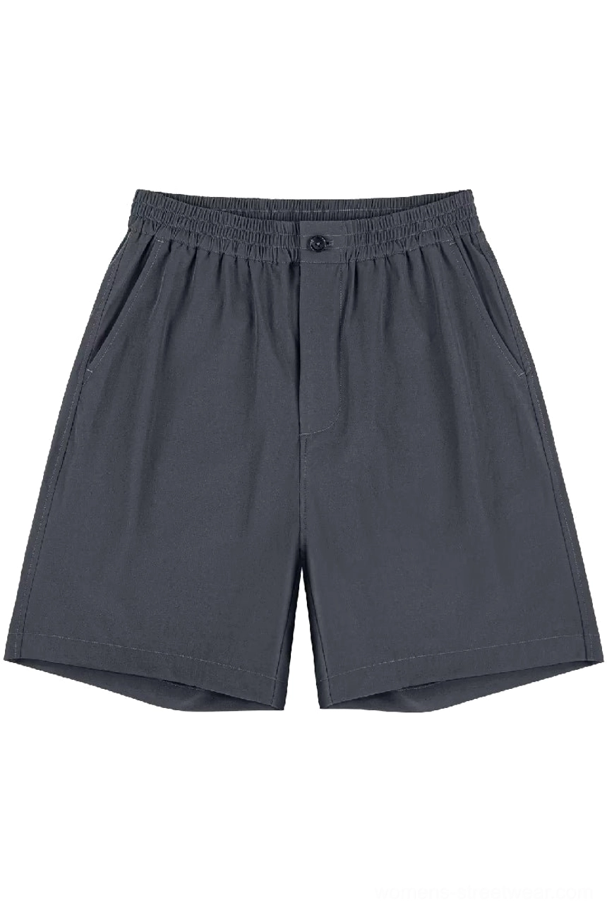 Charcoal gray unisex cotton tech shorts with elastic waist button fly straight leg silhouette and neat rolled hem for outdoor casual streetwear