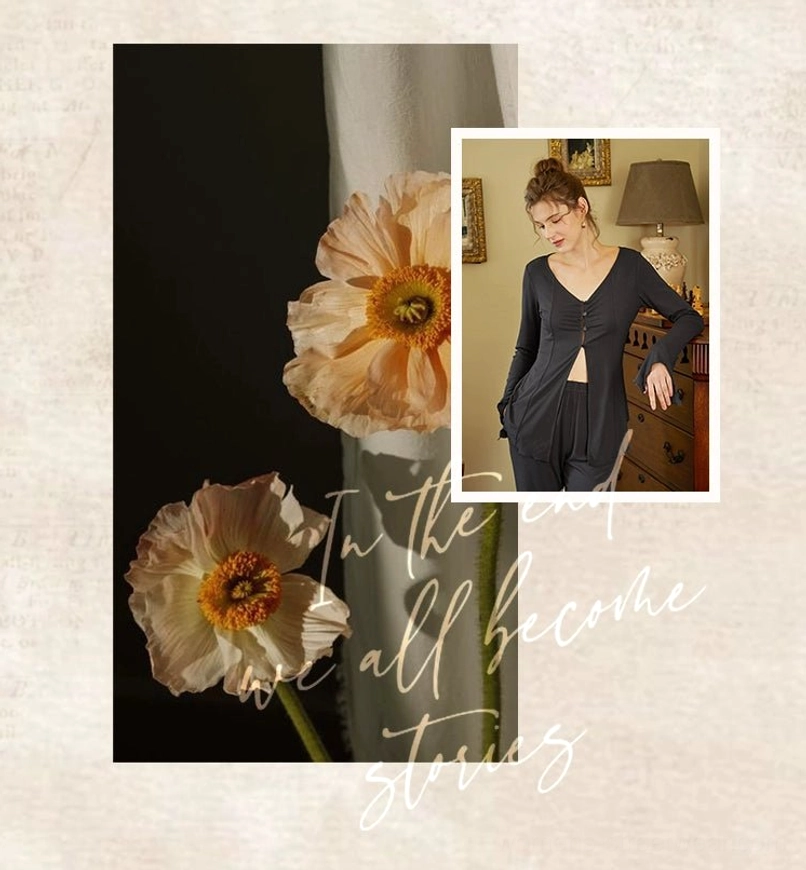 Romantic vintage flat lay featuring a charcoal gray matching button-up loungewear set with poppy flower styling