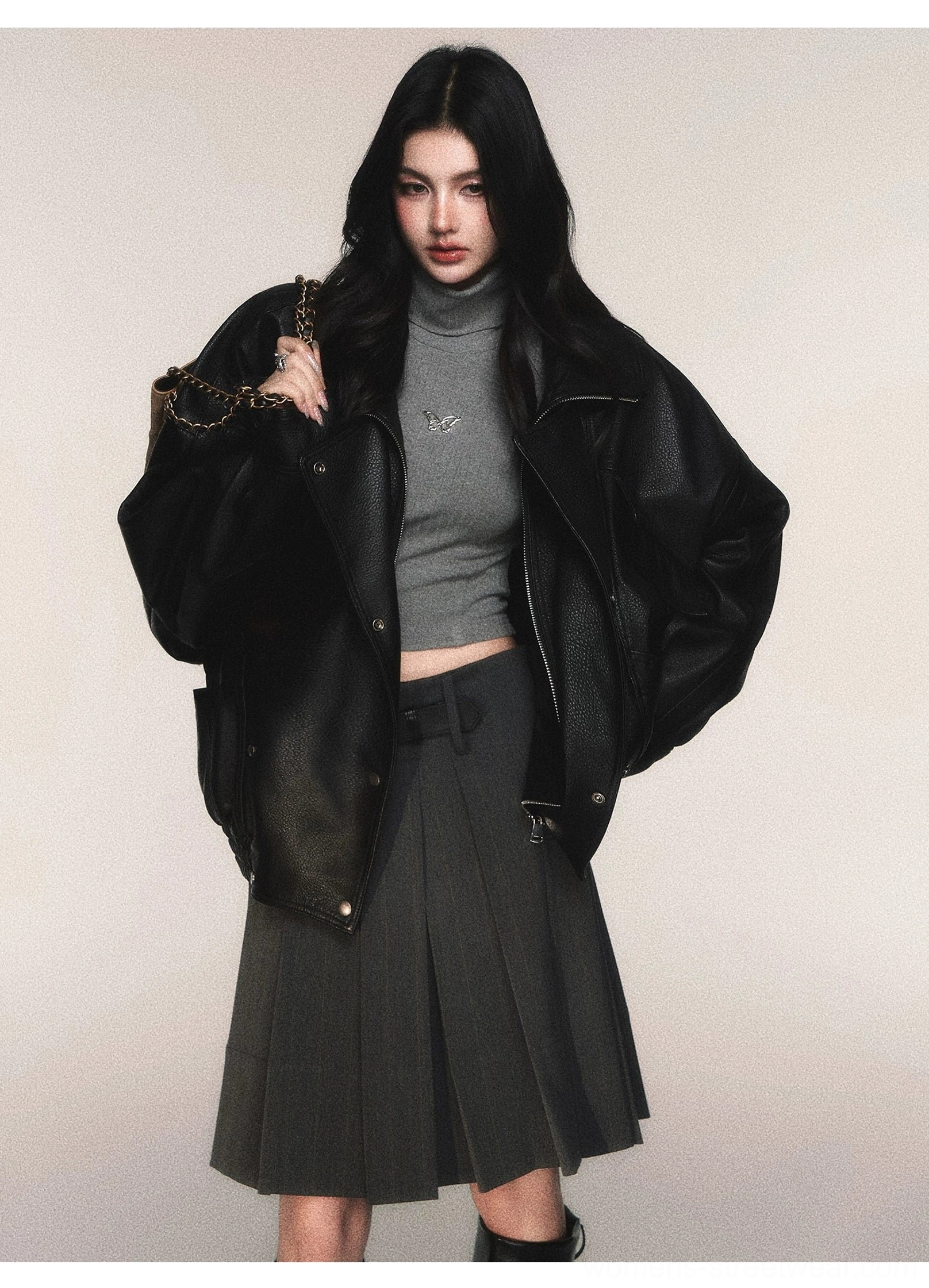 Charcoal pinstripe pleated midi skirt with detachable black belt tailored womens streetwear product detail
