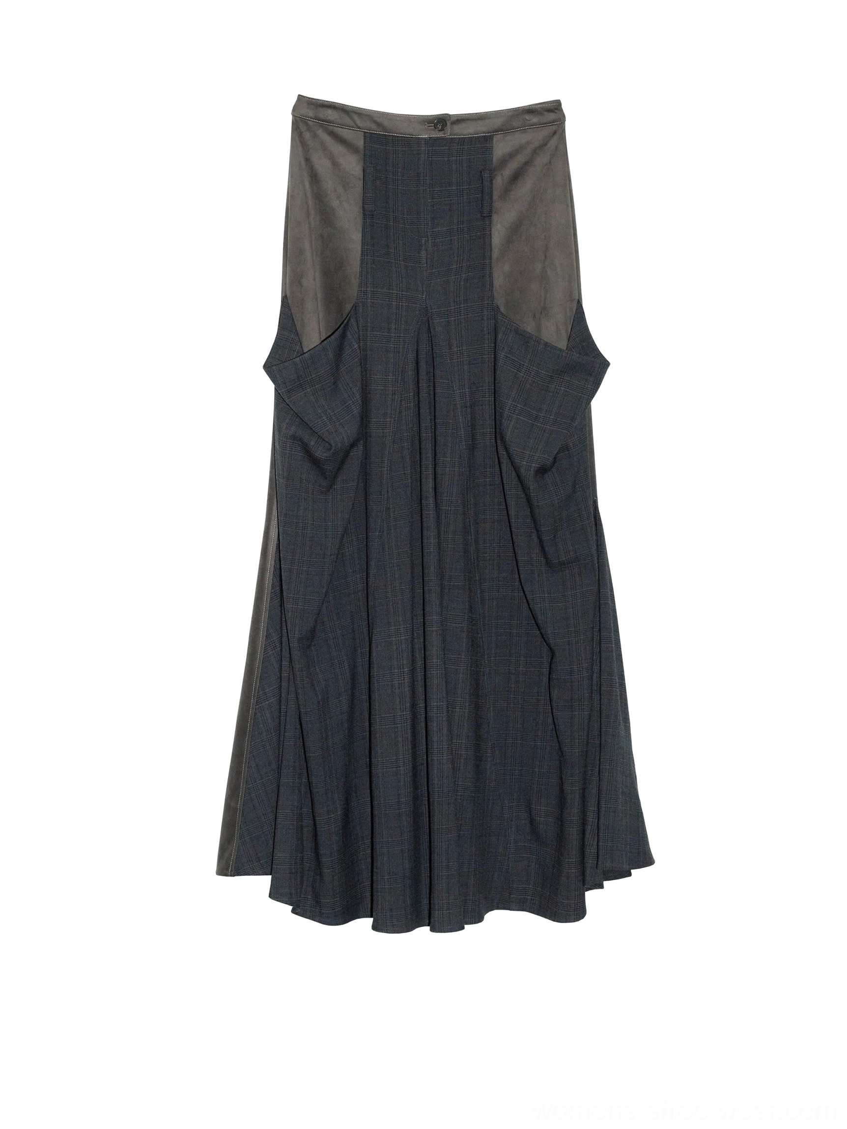 Flat lay front product view of gray charcoal suede and dark plaid panel maxi skirt with oversized side pockets and back zipper closure