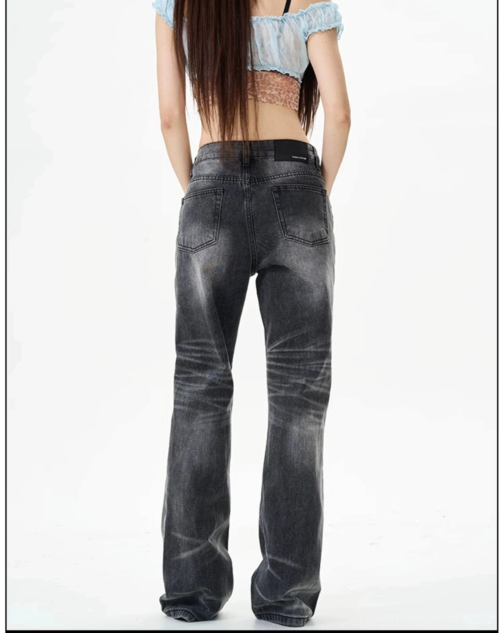 Back view of charcoal washed straight leg jeans showing two rear pockets and evenly faded denim texture