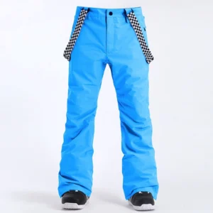 Bright cyan blue detachable snow pants with black and white checkerboard suspenders and a straight leg streetwear silhouette