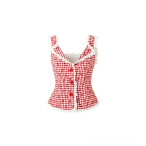 Red and white cherry gingham lace trim corset style sleeveless top with V neck and front button details flat lay view