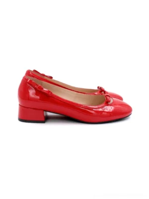 Cherry red genuine leather bow low block heel pumps for women shown in a front top product view on white background