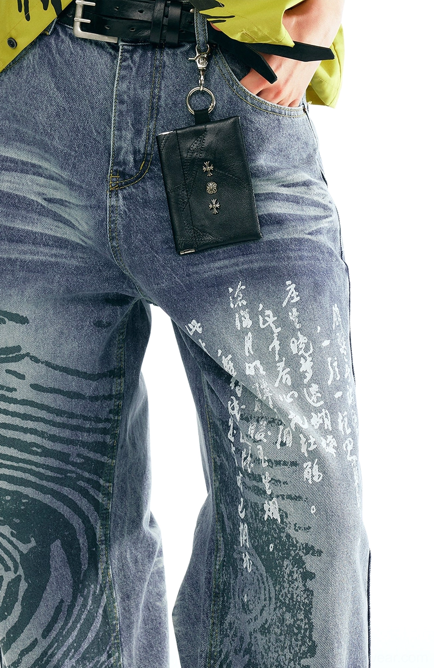 Chinese calligraphy wave print wide straight-leg jeans in washed indigo denim streetwear style detail view
