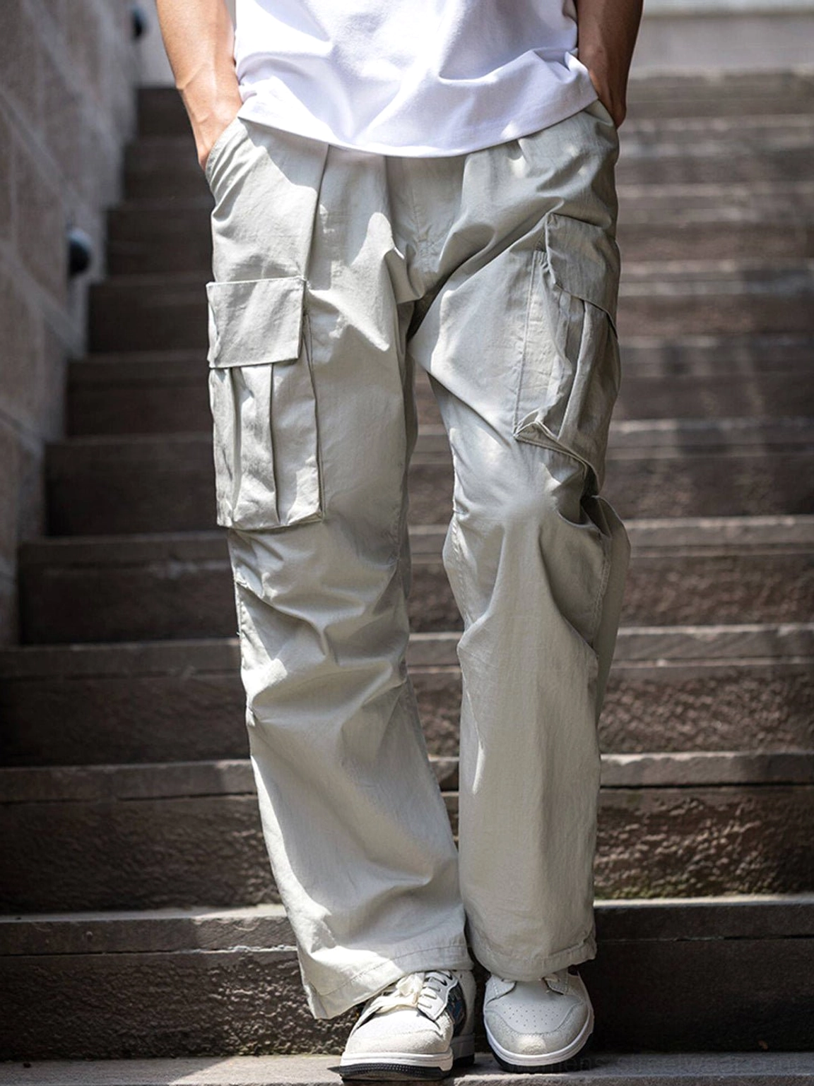 Full lower-body streetwear outfit with Chinese embroidered bird brocade court sneakers, light grey cargo pants, and white t-shirt