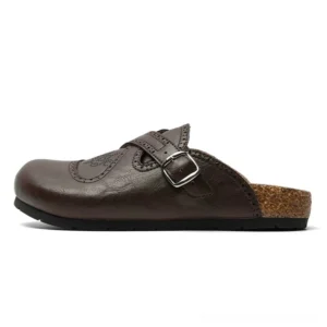 Chocolate brown buckle Mary Jane clogs with rounded toe brogue perforations cork-style footbed silver buckle and black non-slip rubber outsole
