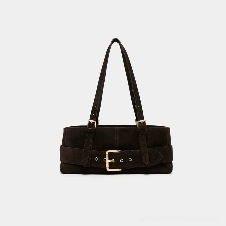 Chocolate brown suede-style baguette shoulder bag with silver buckle detail and adjustable strap