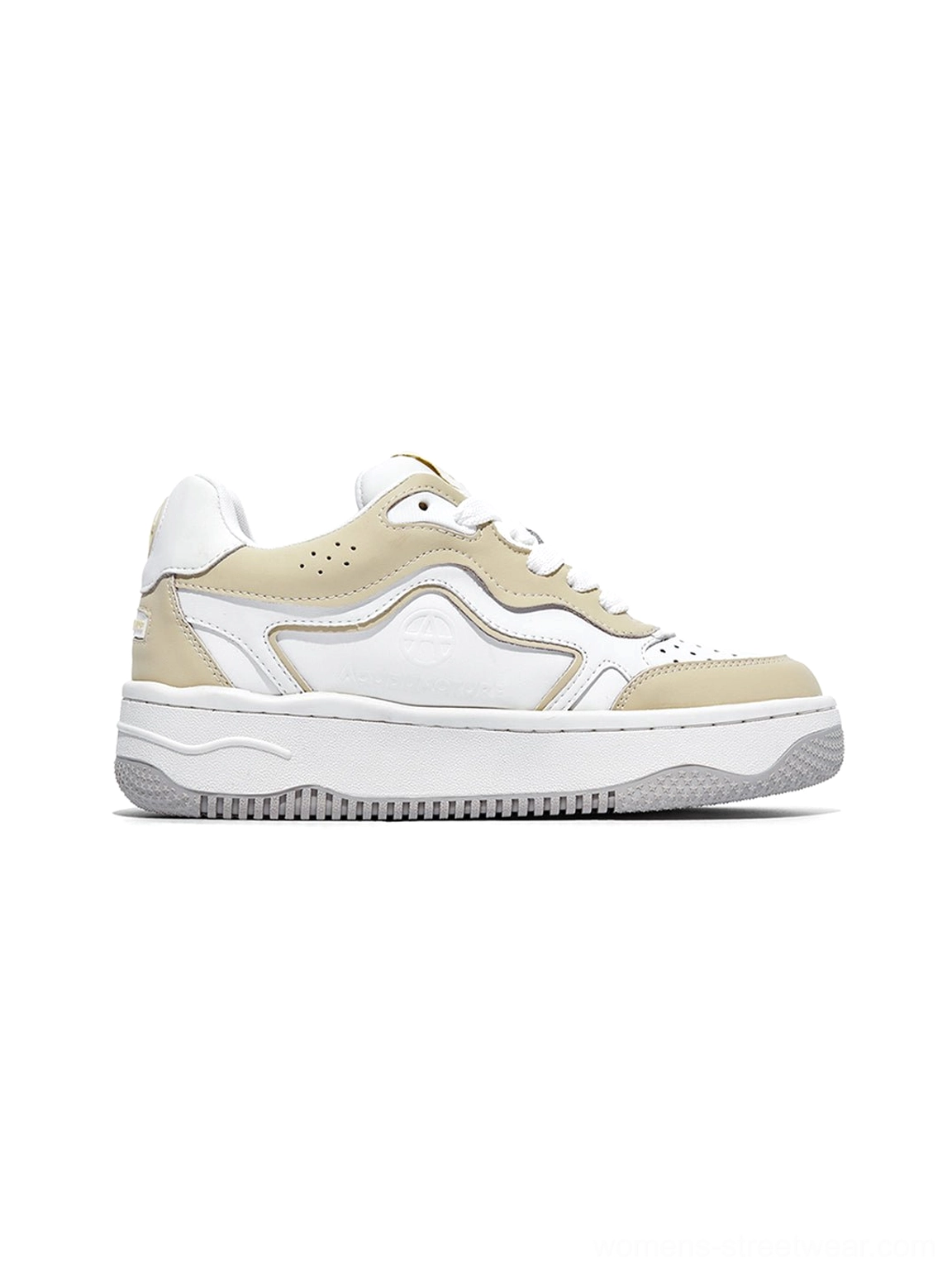 Chunky monochrome sneakers with graphic panels and thick rubber soles for modern Seoul-inspired fashion