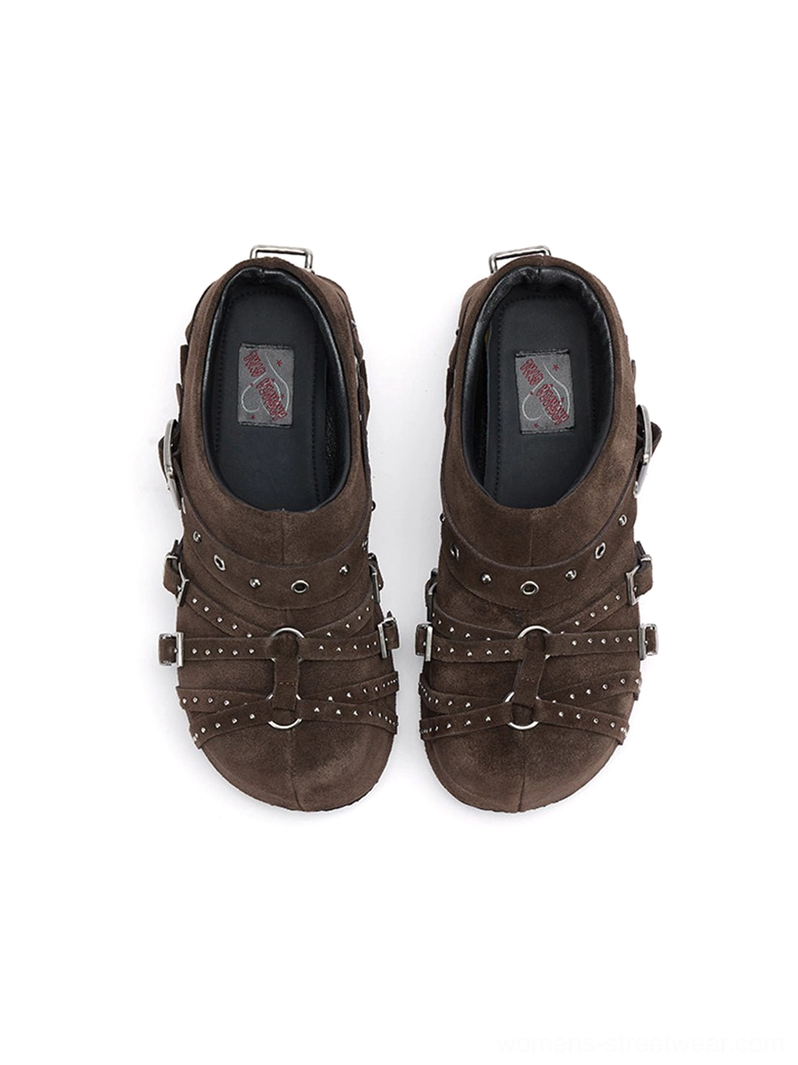 Chunky multi-buckle platform mules with studded detailing for bold Korean-inspired and urban streetwear outfits