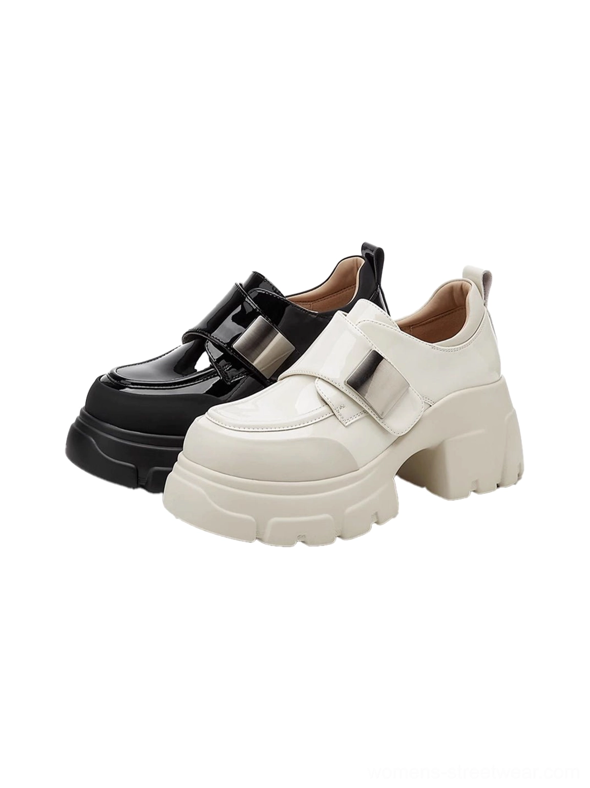Chunky platform Mary Jane shoes with glossy upper, rounded toe, and bold alternative fashion silhouette