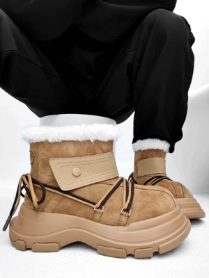 Chestnut chunky platform shearling snow boots with wraparound hiking laces and faux fur collar worn with black pants