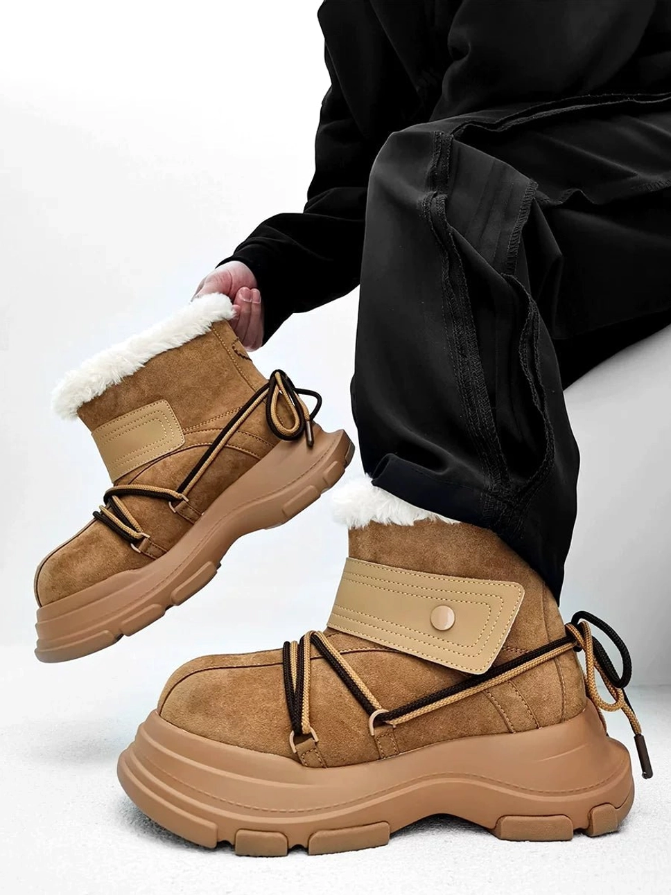Chestnut platform shearling snow boots showing thick tan sole, wraparound laces, suede-finish upper, and fleece collar