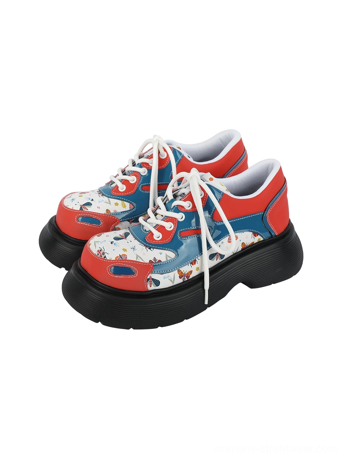 Chunky red butterfly platform derby shoes with playful insect artwork for Korean streetwear styling
