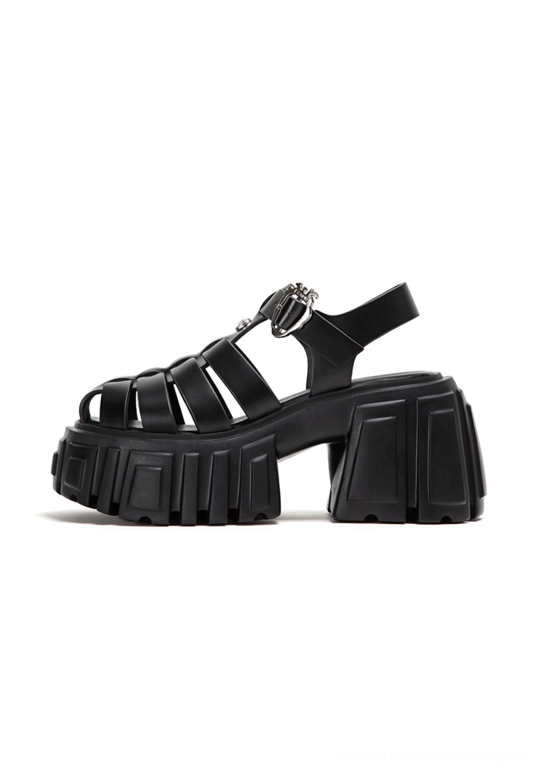 Chunky Roman platform sandals with sculptural caged upper, bold block heel, and heart buckle streetwear styling