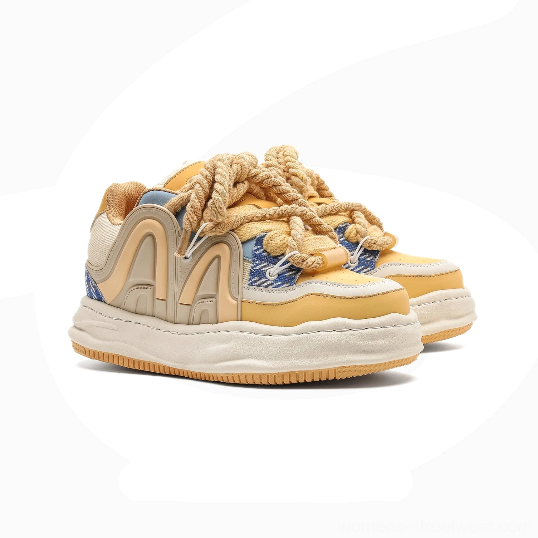 Chunky rope lace platform sneakers in retro color-block streetwear style, featuring a thick elevated sole, layered panels, and oversized lacing