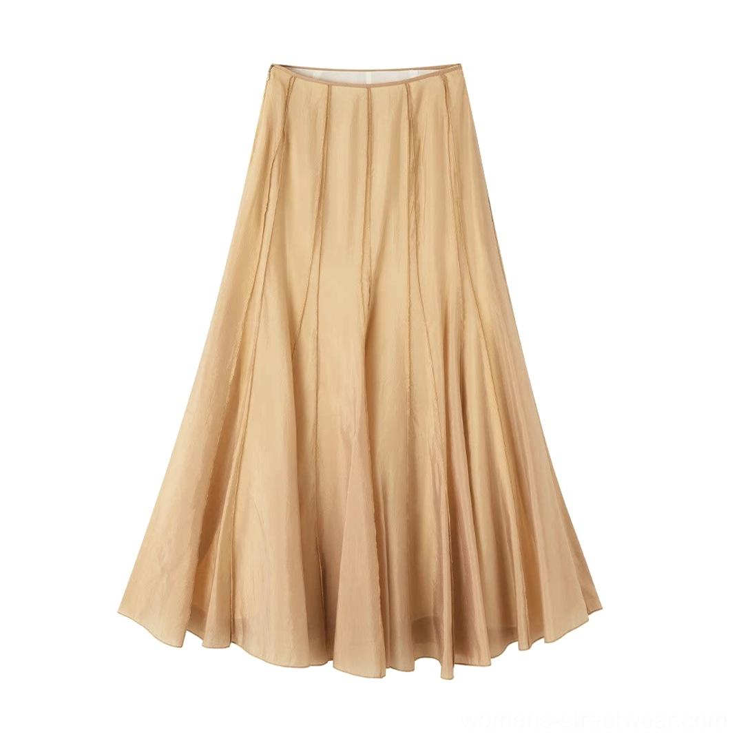 Flat lay front view of the Cinnamon Brown high waist paneled cupro fishtail maxi skirt with vertical stitching and a floor-length flared shape