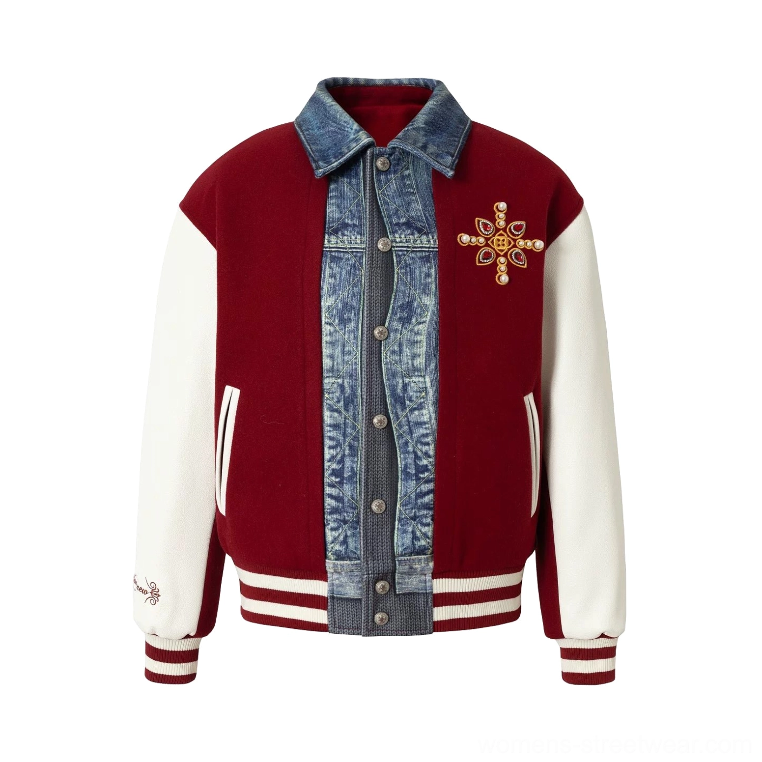 Claret denim panel embroidered varsity bomber jacket color option with white contrasting sleeves, denim-effect collar, chest embroidery, and striped trims