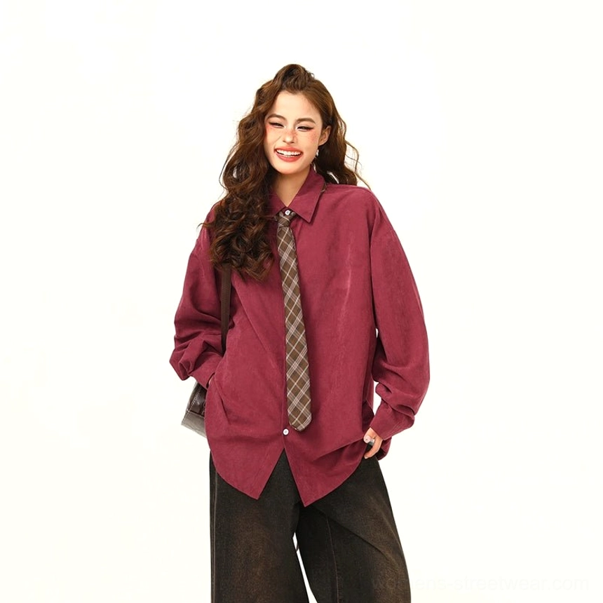Claret oversized corduroy shirt with matching tie for contemporary Korean fashion, relaxed tailoring, and streetwear outfits