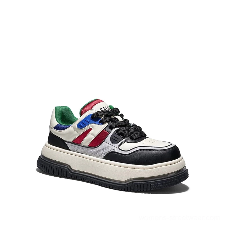 Classic color-blocked chunky platform sneakers with black toe cap off-white base and red blue green accents