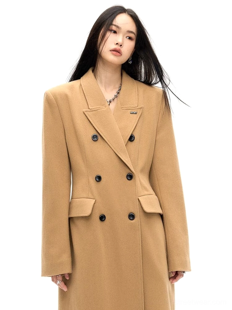 Classic long wool double-breasted coat for Korean-inspired winter city style