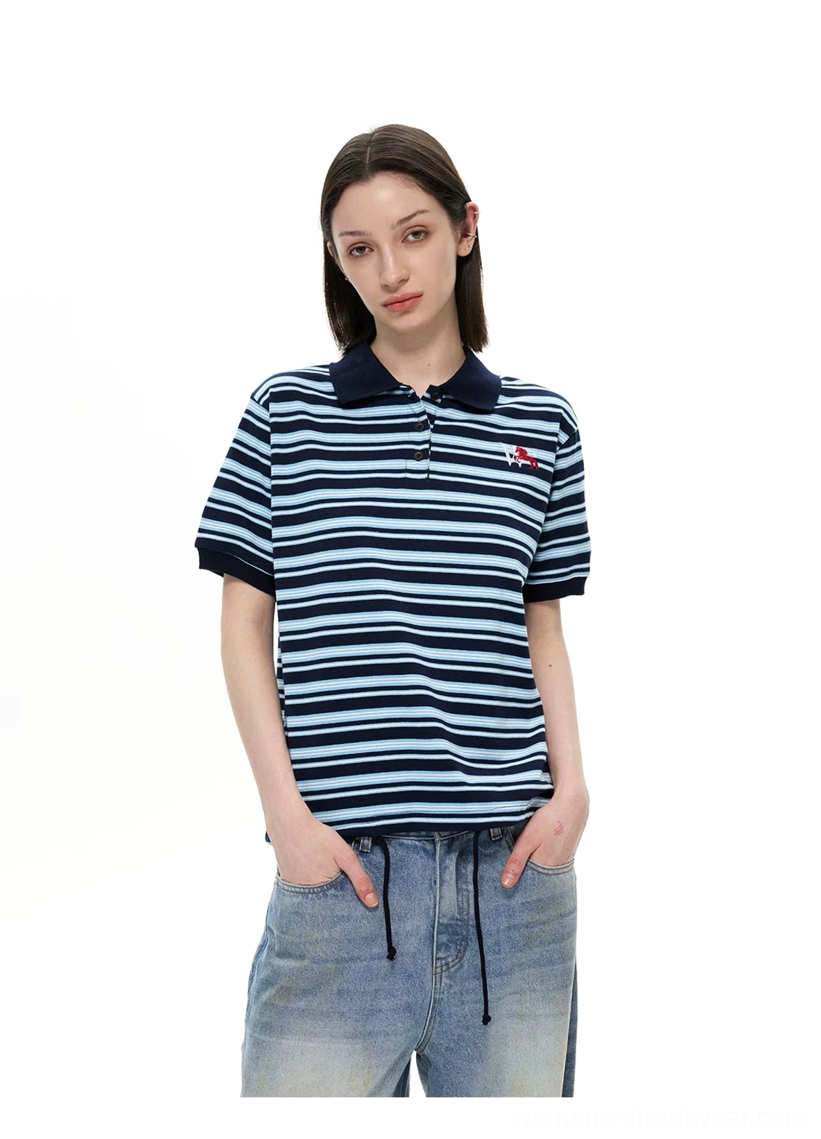 Classic navy blue striped short sleeve polo shirt with embroidered chest detail and navy sleeve cuffs