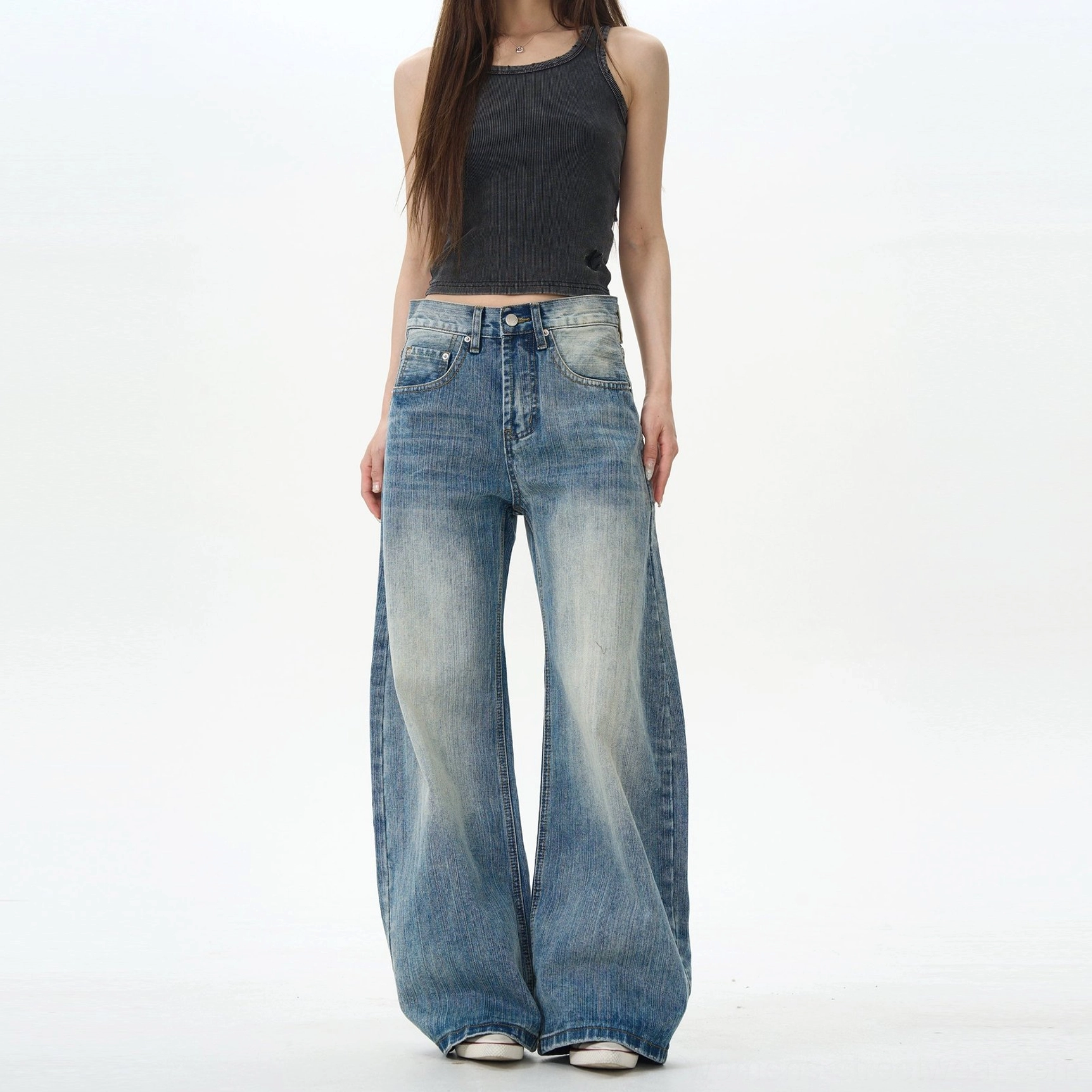 Clean blue vintage wide leg denim jeans relaxed fit streetwear product view