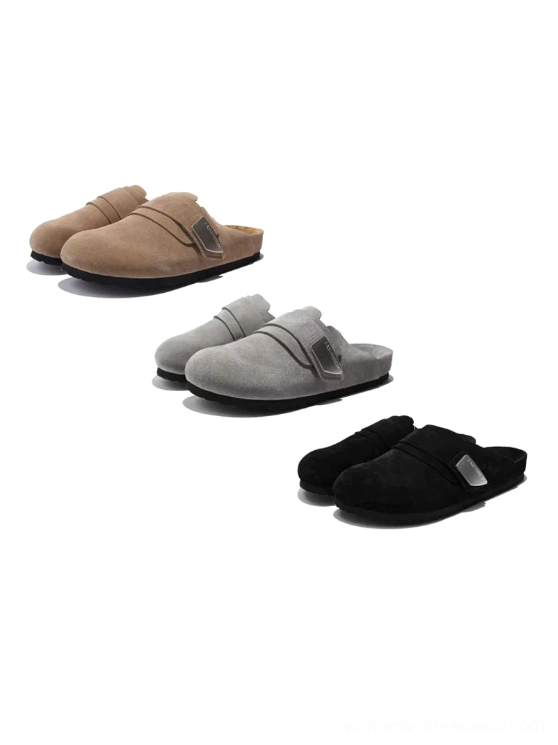 Three color options of closed-toe suede mule sandals in tan light grey and black with adjustable strap buckle