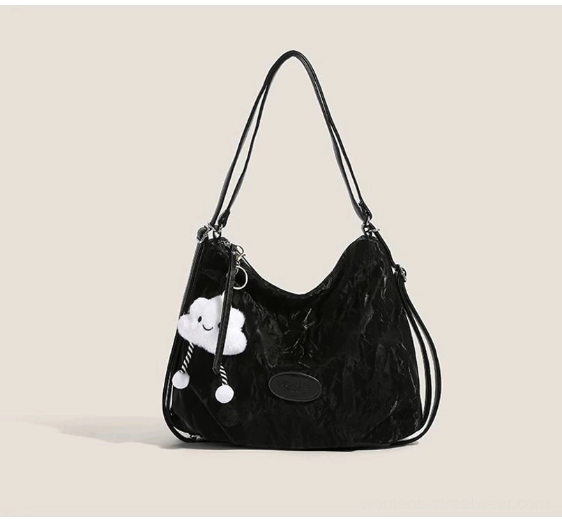 Black cloud charm crinkle convertible hobo shoulder bag purse with plush pendant and adjustable straps