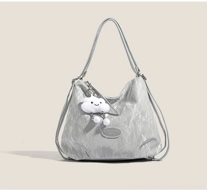 Silver grey cloud charm crinkle convertible hobo shoulder bag with plush pendant and silver-tone hardware